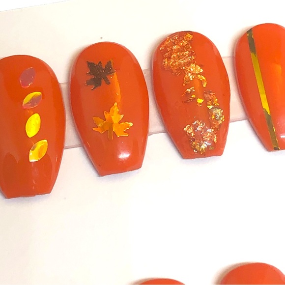 Handmade Custom Press on Nails UV Gel Short Coffin Fall Orange & Gold Metallic - Picture 10 of 11